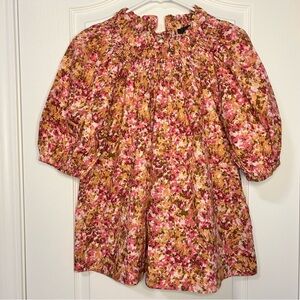 J. Crew Top Women’s Medium Muted Brown Pink and Tan Smocked Bodice Lace Up Back